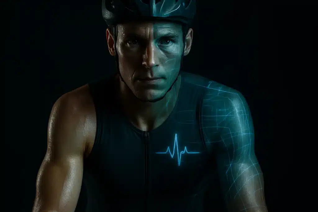 Chân dung VĐV triathlon thể hiện sự kết hợp giữa thể chất và dữ liệu, minh họa cho vai trò của tâm lý thể thao.
